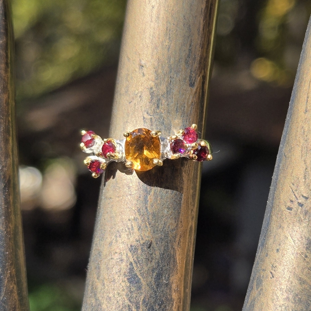 Citrine & Rhodolite Natural Gemstone Sterling & Gold Ring Sz6 - Picture 2 of 8